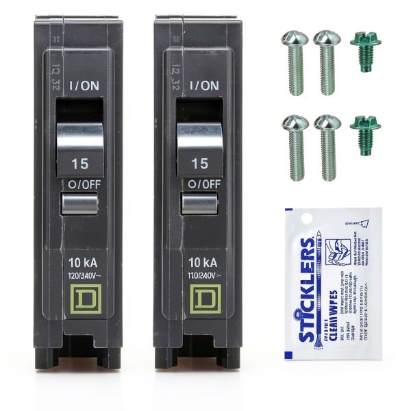 Genuine Square D QO115 QO 15 Amp Circuit Breaker Kit (2 Pack), Single Pole, 15A, 120V, 10kAIC, Plug-in for QO Load Centers & Panel Box, Visi-Trip, New Replacement-0